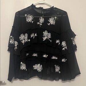 Zara Black Blouse with White Floral Embroidery